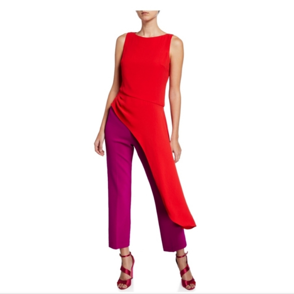 Trina Turk Harmony Sleeveless High-Neck Asymmetric Crepe Top, Size M